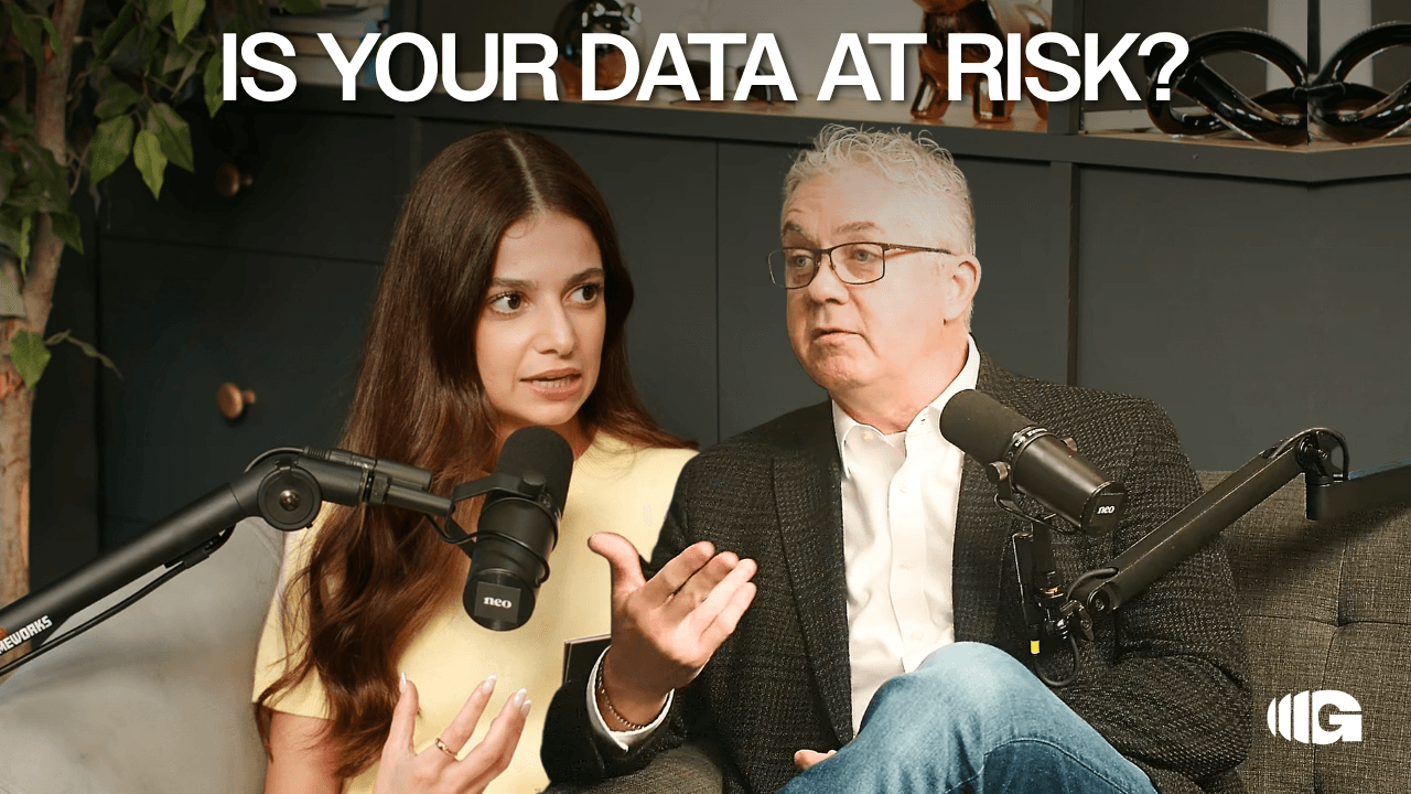 A host and guest on the Get This podcast by Neo Financial, talking about how to protect your data and money from scammers in Canada
