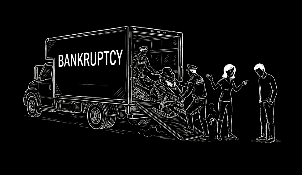 Bailiffs seemingly taking away a married couple's snowmobile