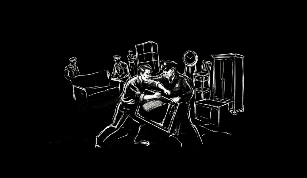 Bailiffs taking away furniture from a debtor