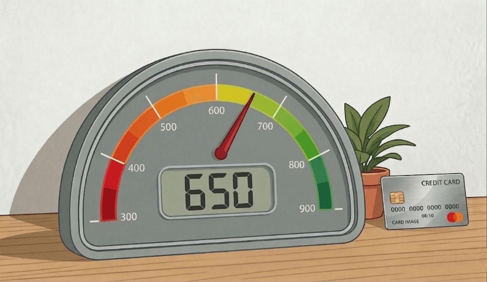 A credit score meter displaying a 650 credit score.