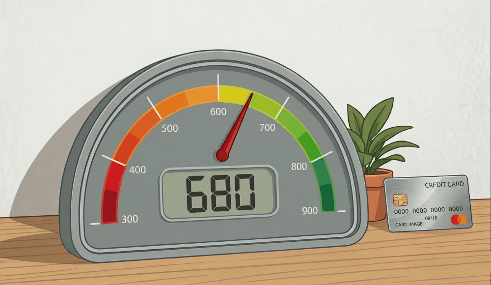 A credit score meter displaying 680