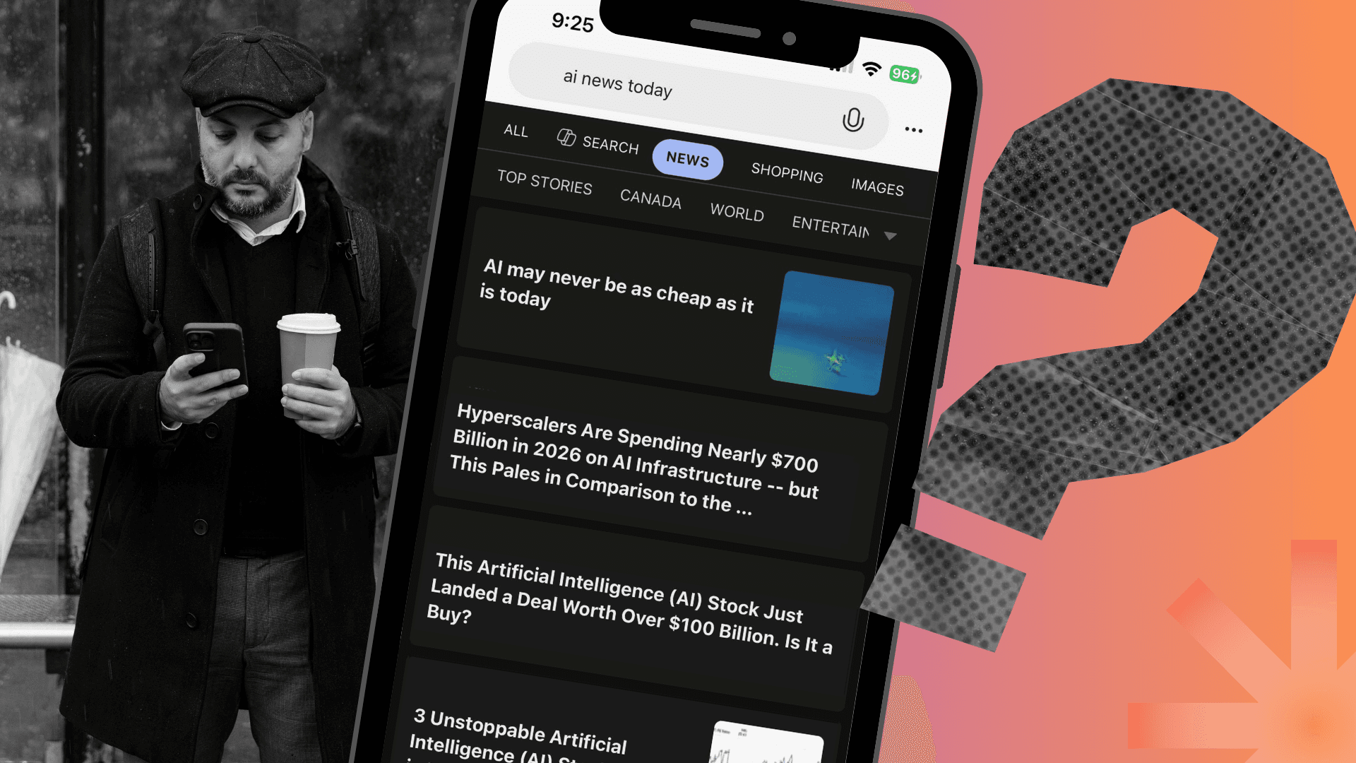 A man reading his email from his phone about a cheap entry into AI stocks, while headlines show about the growth of AI stocks.
