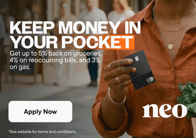 A Canadian holding their Neo World Elite Mastercard - Gas & Grocery to pay for gas, groceries and bills