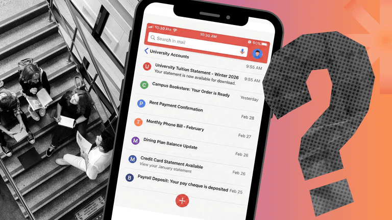A group of post-secondary students studying on a stairwell, and a phone showing an email inbox of student bills emails, including tuition, food, rent and more.