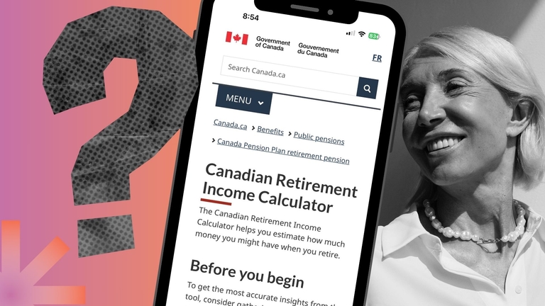 A Canadian woman smiling at age 60, because she has retired with enough money despite not having an employer pension. A cellphone with a mortgage calculator on the screen.
