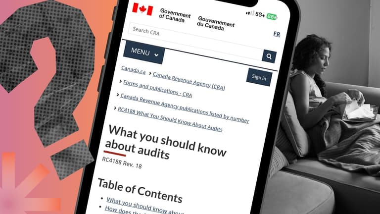 A Canadian woman looking at her income tax receipts and papers, as she prepares for a tax audit.