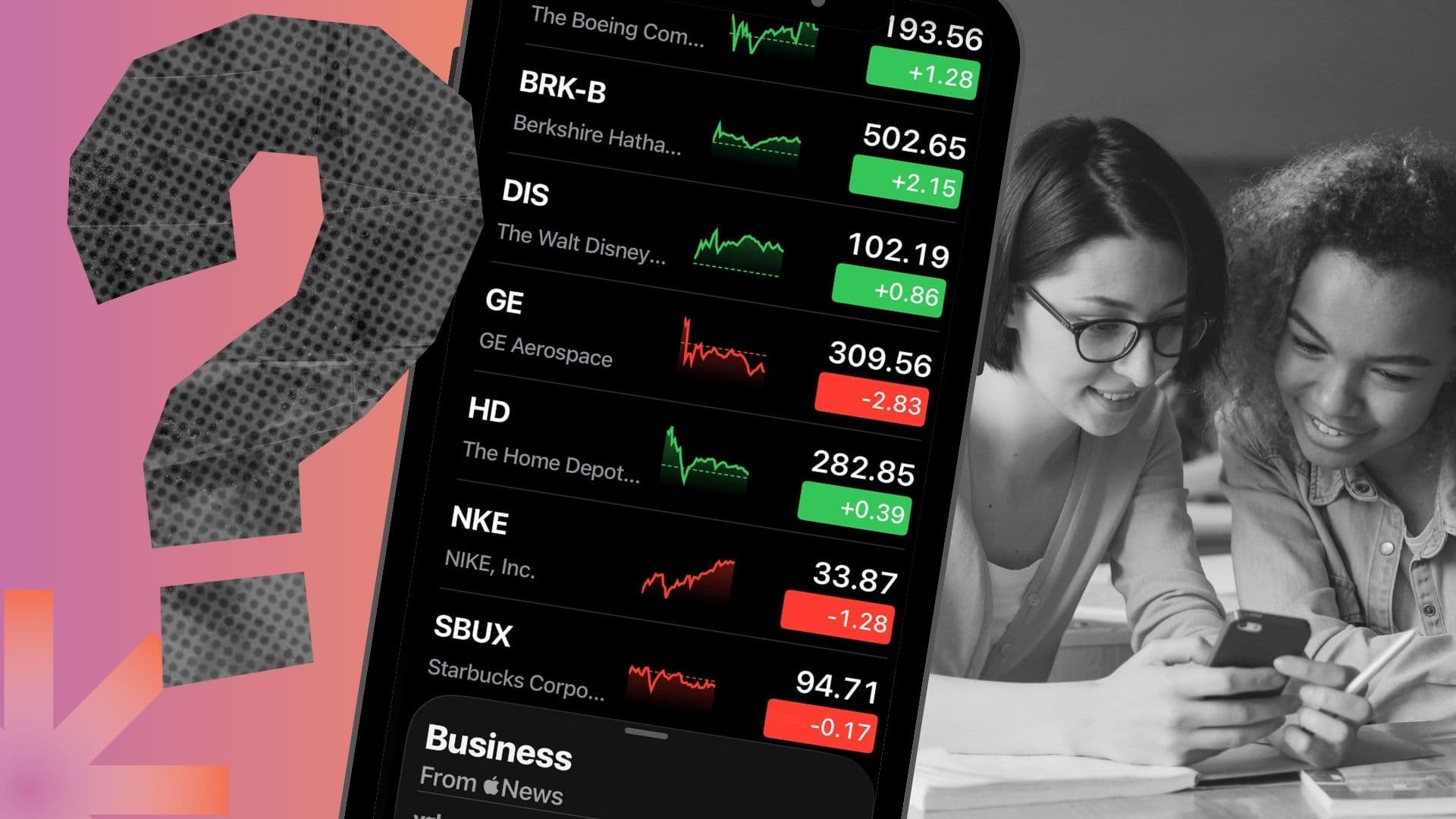 A phone showing a ticker with both red and green stock market for its recent ups and downs, and two Canadian women discussing the volatility of investing and how to invest in a safe way.