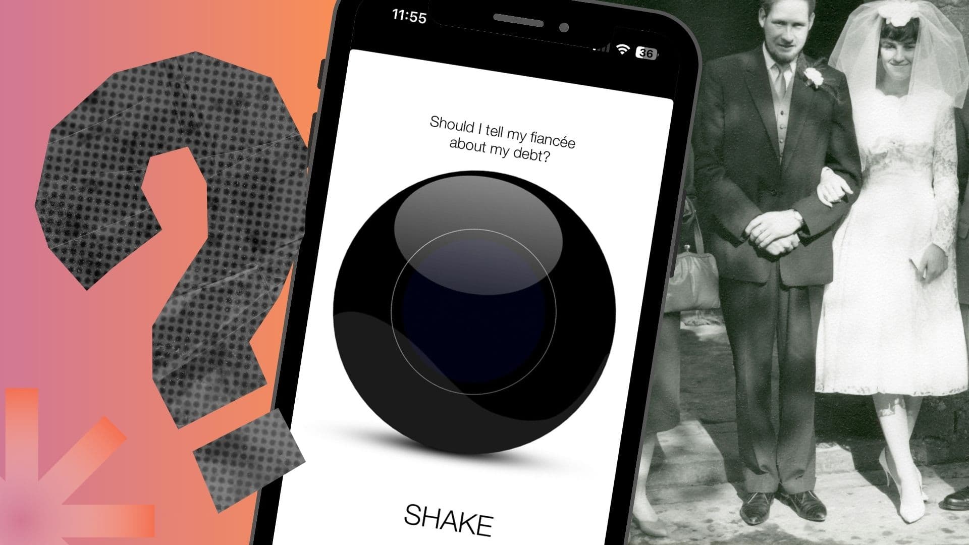 A Canadian man using the Magic 8 Ball app, asking about the impacts of marriage on personal debt.
