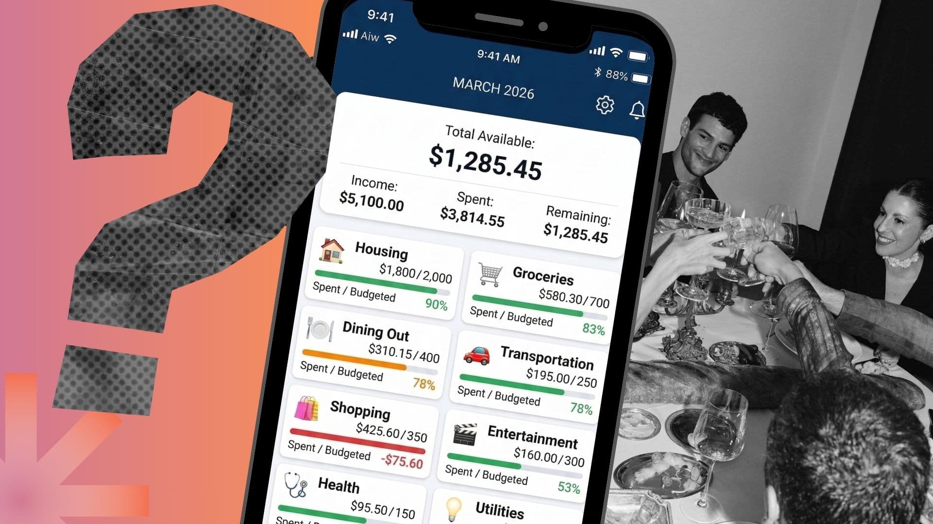 To illustrate how to build a budget, this image shows friends going out for dinner and drinks, and an app showing a budgeting app that included the night out.