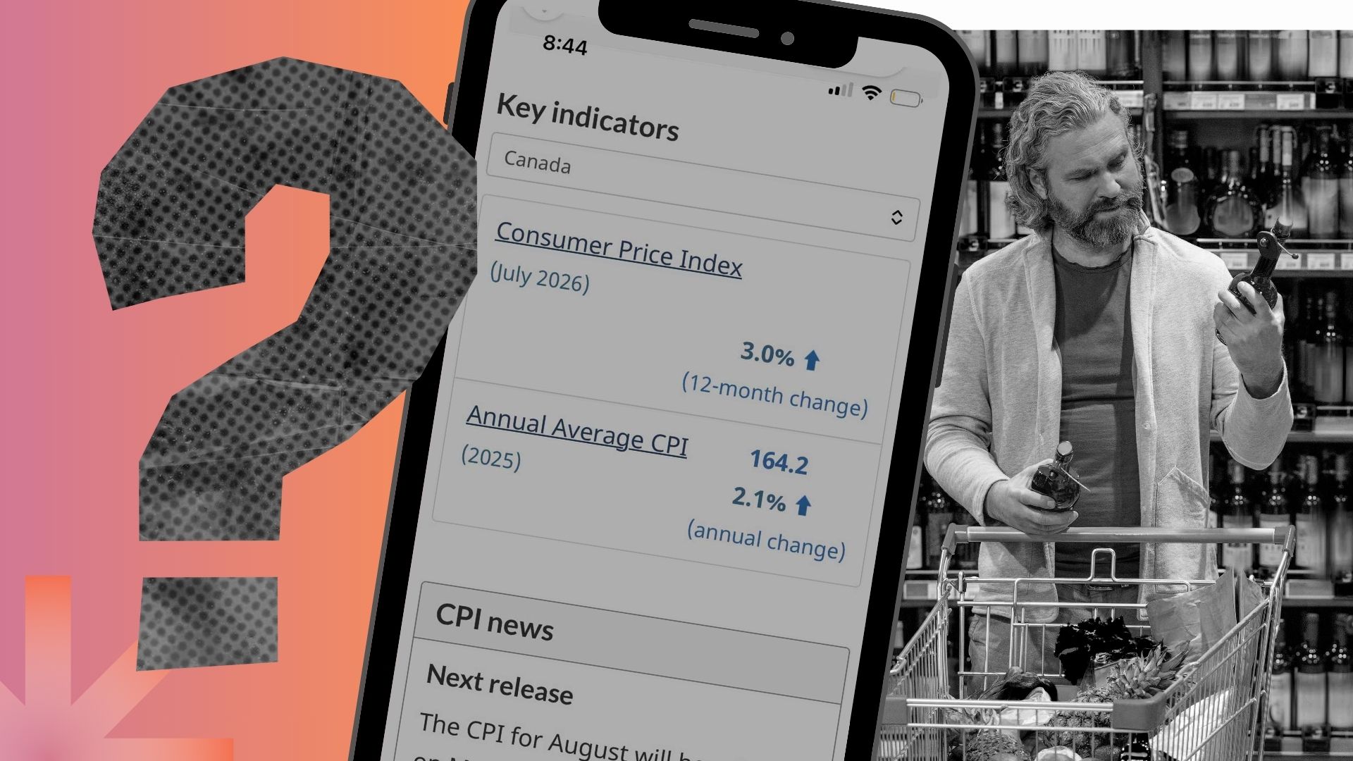 A Canadian man, in retirement age, grocery shopping and looking at prices. A phone showing the recent inflation and consumer price index rate from Statistics Canada.