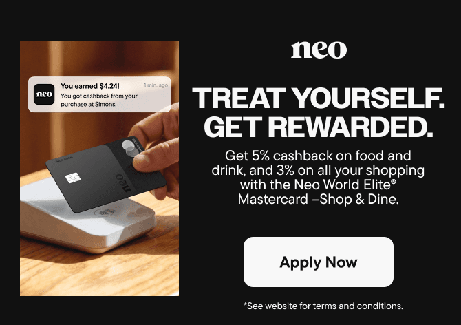 A Neo member tapping their Neo World Elite Mastercard - Shop & Dine at a Neo partner merchant