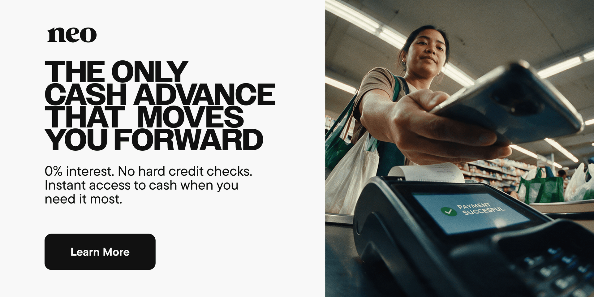 A person tapping their phone to pay at a till using Neo Advance, Neo Financial's 0%-interest cash advance that build your credit history as you use and repay