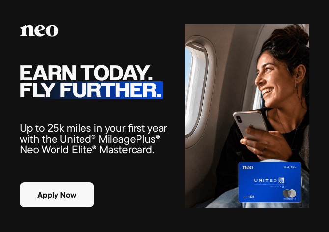 A person travelling using their United MileagePlus Neo World Elite Mastercard