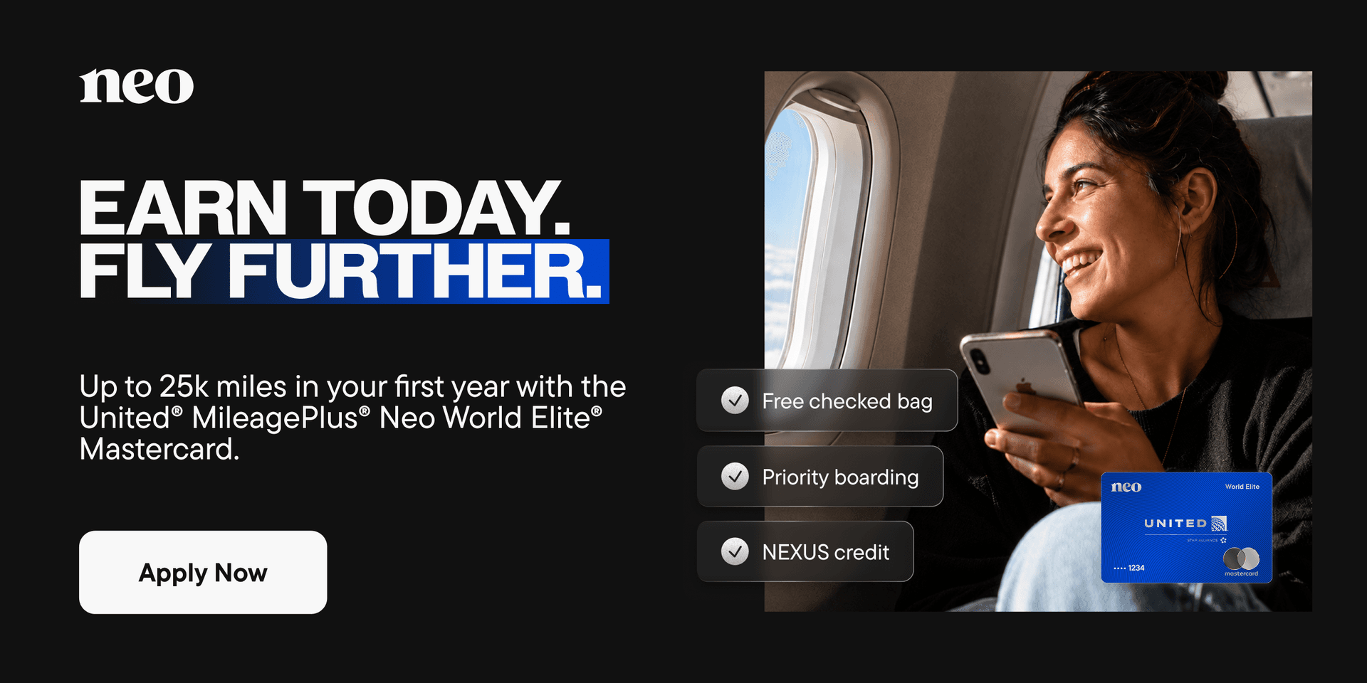 A person travelling using their United MileagePlus Neo World Elite Mastercard