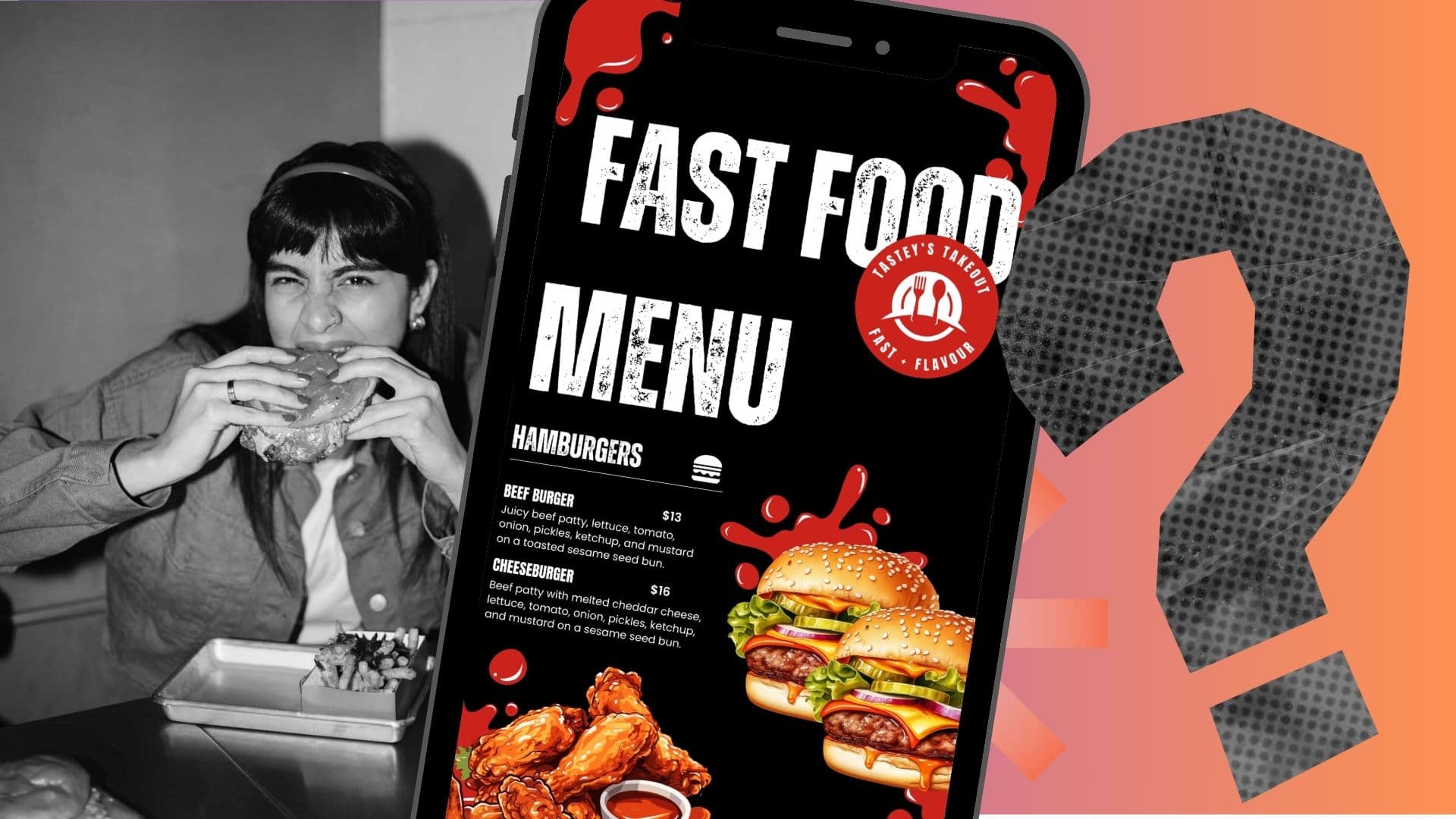 A Canadian woman eating a burger and a phone showing a fast food menu and burger prices nearing $20.