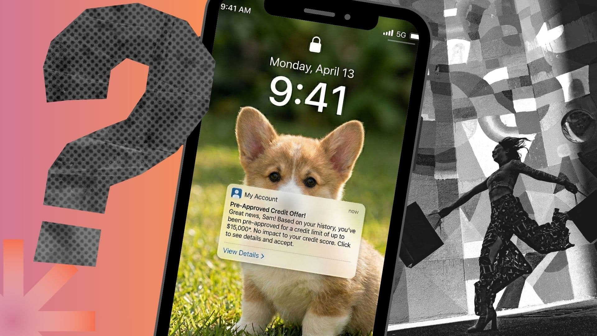 A Canadian woman shopping, and a cellphone with a notification for pre-approved credit.