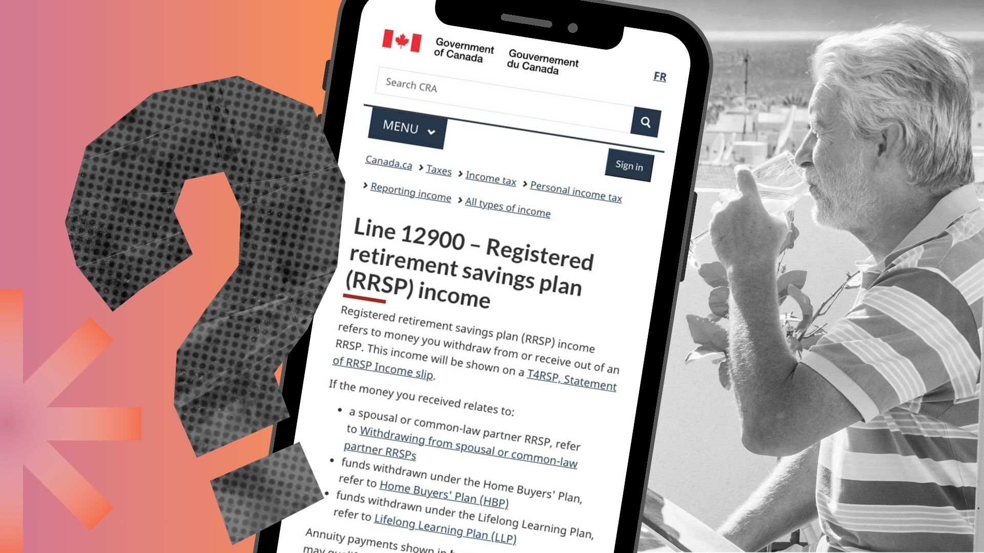 A Canadian retiree, enjoying himself on a vacation, with a phone screenshot showing the tax implications of withdrawing money from RRSPs.