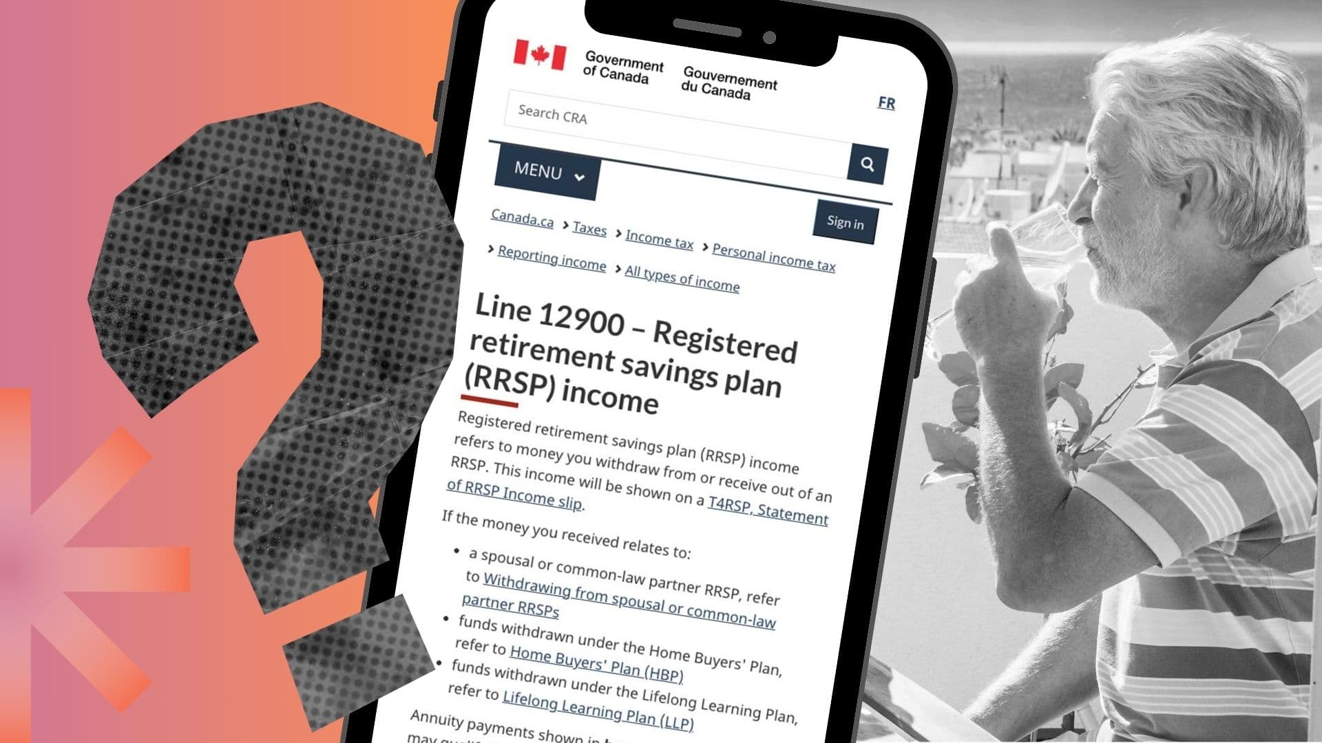 A Canadian retiree, enjoying himself on a vacation, with a phone screenshot showing the tax implications of withdrawing money from RRSPs.