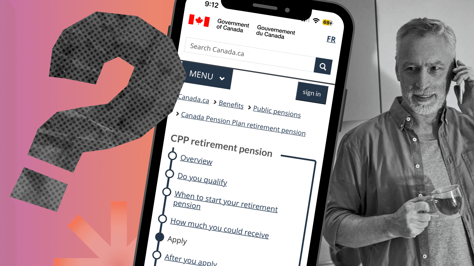 A Canadian man looking at his phone, looking to apply to Canadian Pension Plan (CPP), as shown on the phone, as well as Old Age Security (OAS).