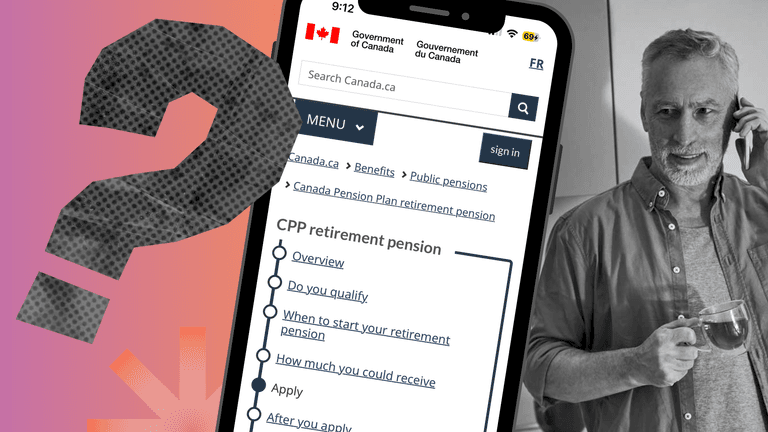 A Canadian man looking at his phone, looking to apply to Canadian Pension Plan (CPP), as shown on the phone, as well as Old Age Security (OAS).