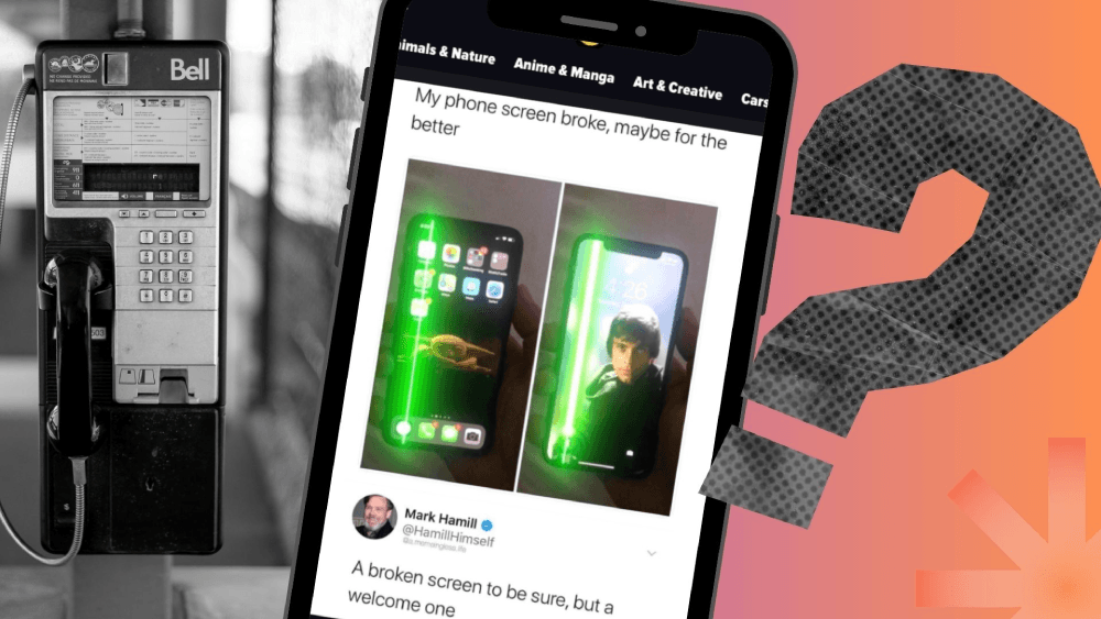 A Bell Canada payphone, a broken phone meme (using broken screen as a lightsaber) and a reader-submitted question: "When is the best time to buy a cell phone?"
