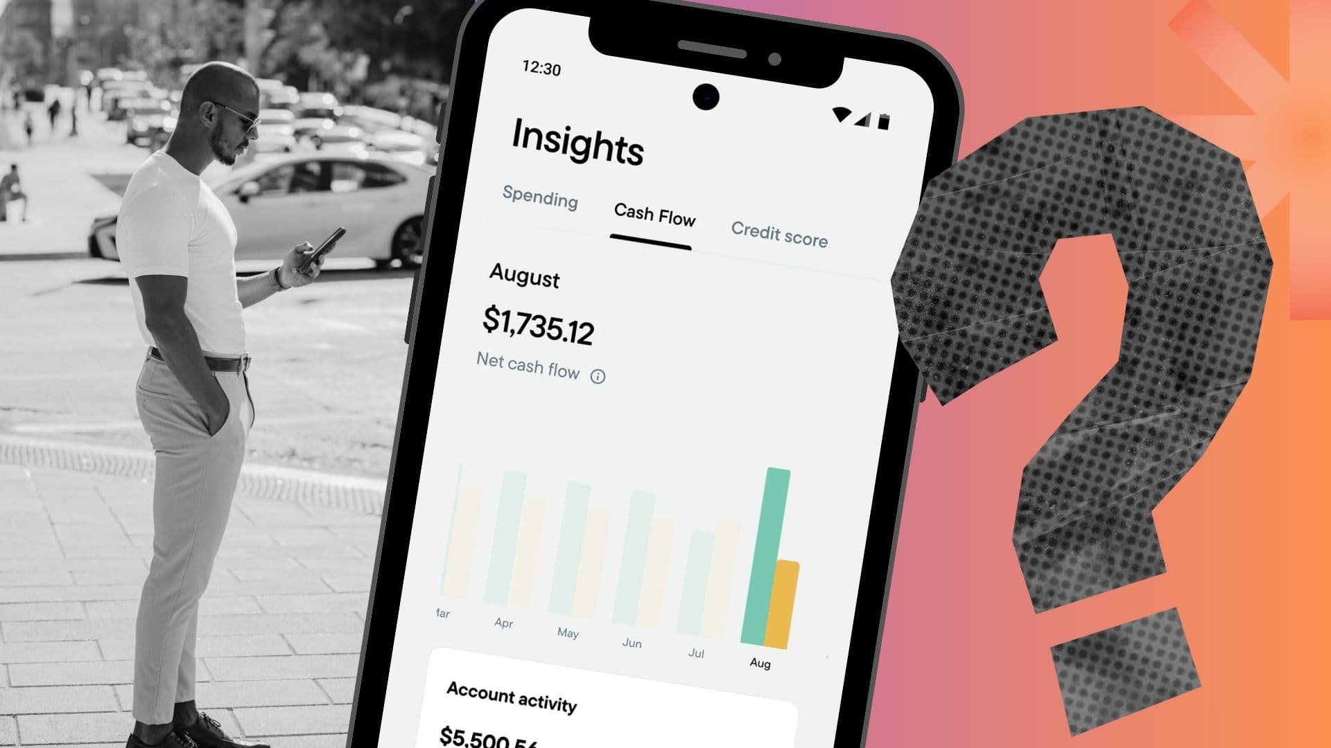 A Canadian man checking his phone, and the phone showing the monthly spends for August.