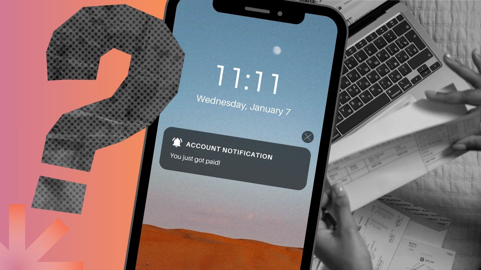 A cellphone showing a paycheque deposit notification on January 7, along with hands holding a paycheque as the person checks out the new taxes being withheld.