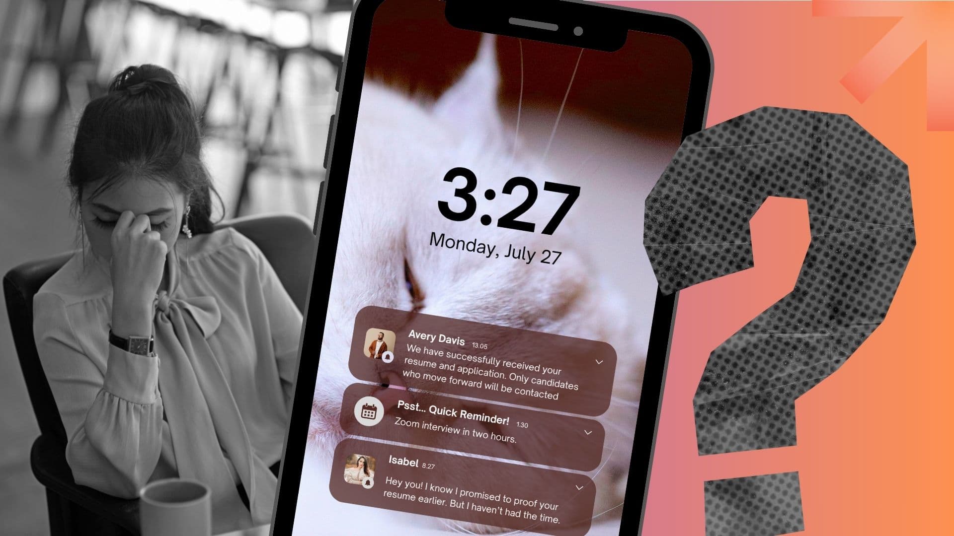 A woman at work clearly frustrated by her job, and a phone with messages showing notifications about her application for a job, an upcoming interview and a friend's text about resume feedback.