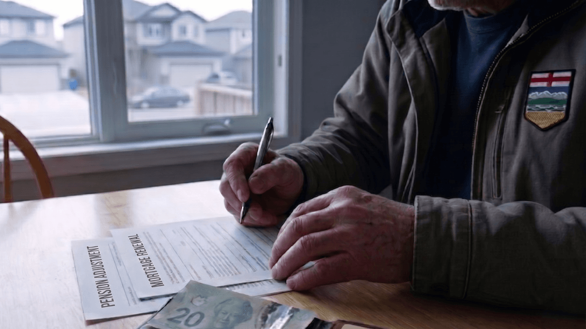 An Albertan reviewing financial documents, pension statements, and Canadian cash at a table, highlighting the potential financial impact of the Alberta separation referendum.