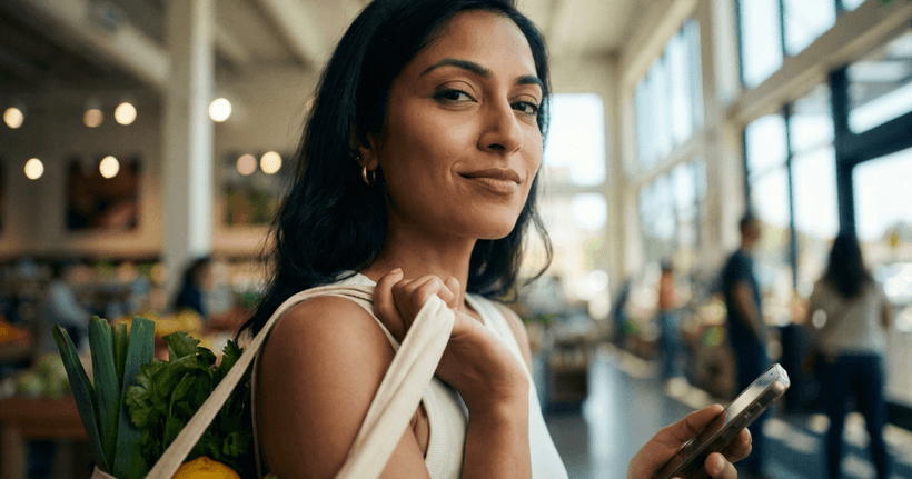 A person grocery shopping and tracking their spending on a smartphone app, highlighting how Neo cash back credit cards in Canada reward everyday purchases.