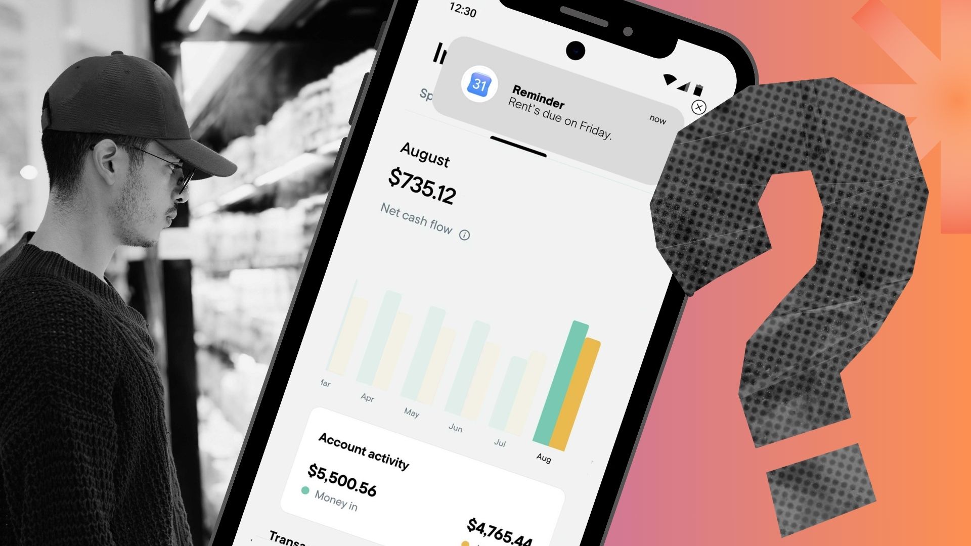 A Canadian man wondering how much he can spend on groceries, his banking app showing that more more money is going out than coming into his account.
