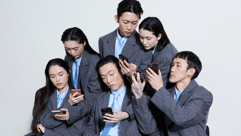 Six people in identical uniforms, all using mobile phones, symbolizing the different Cash App alternatives in Canada