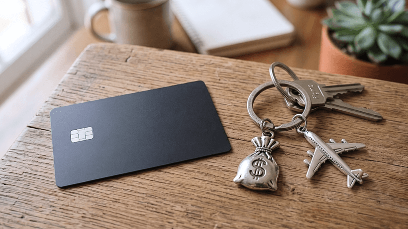 A sleek black credit card sitting on a wooden table next to a keychain featuring a money bag charm and an airplane charm, representing cash back versus travel rewards.