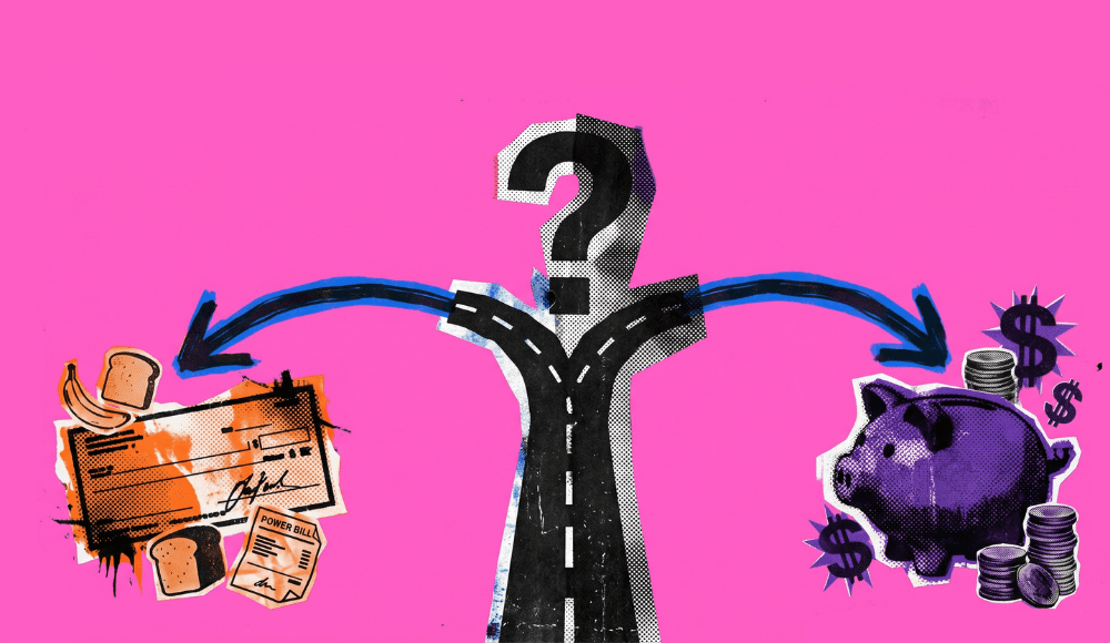 A cross road between a cheque and a piggy bank