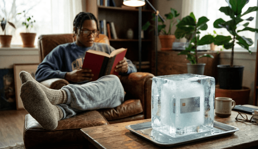 Relaxed Canadian reading a book peacefully, knowing his credit is out of reach for scammers, as we see his credit card frozen in a giant ice cube.