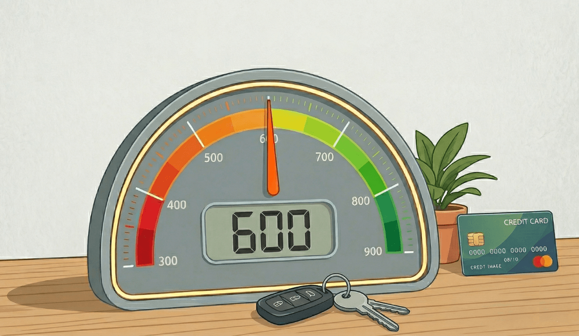 A credit score meter displaying 600