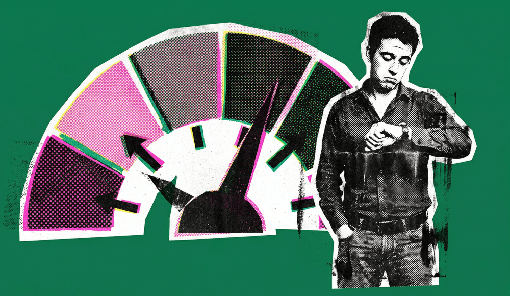 An immigrant watching his watch while his credit score slowly increases