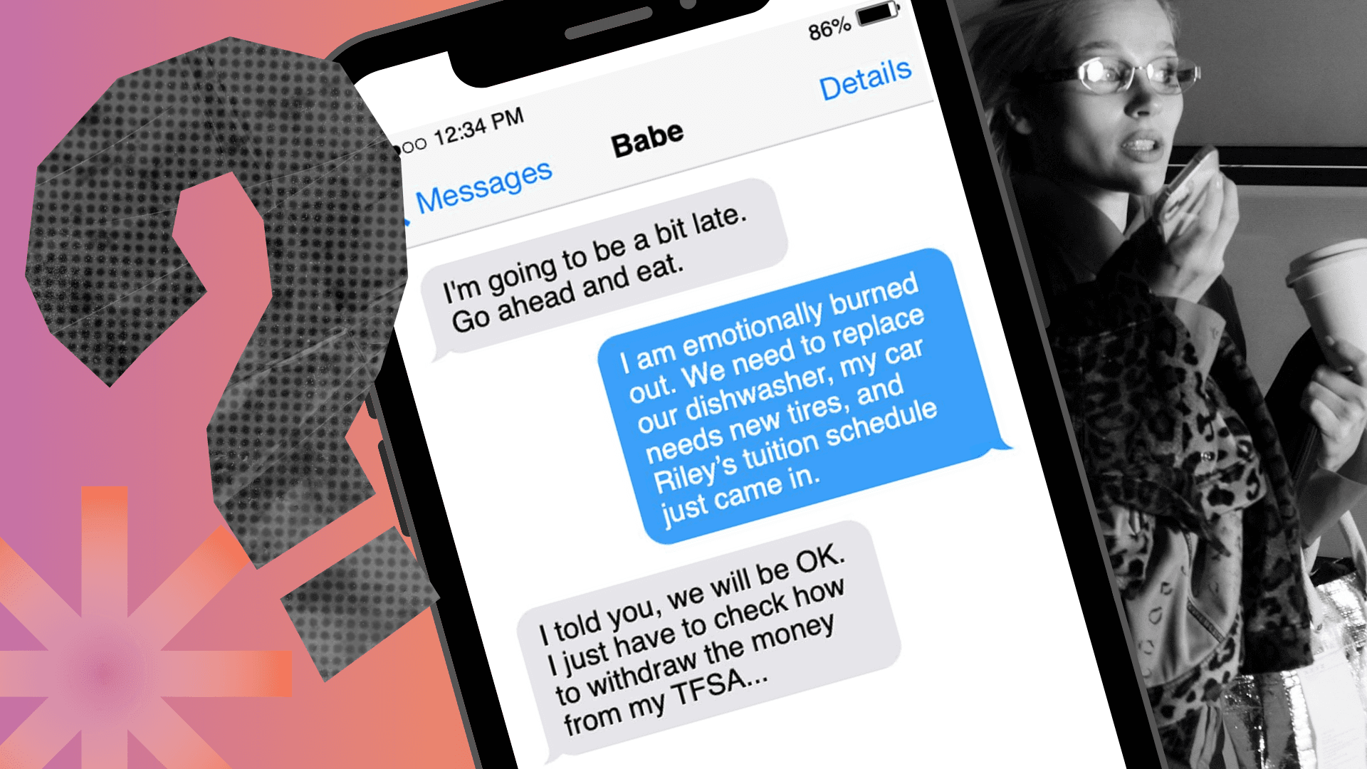 A text message between a couple about using a TFSA (and other registered accounts) as an emergency fund, and needing to withdraw money from it.
