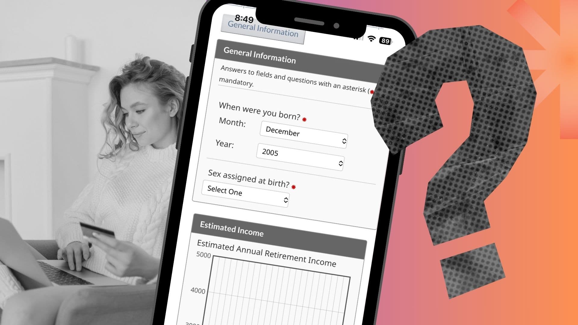 A cellphone showing a Canada savings calculator for someone born in 2005.
