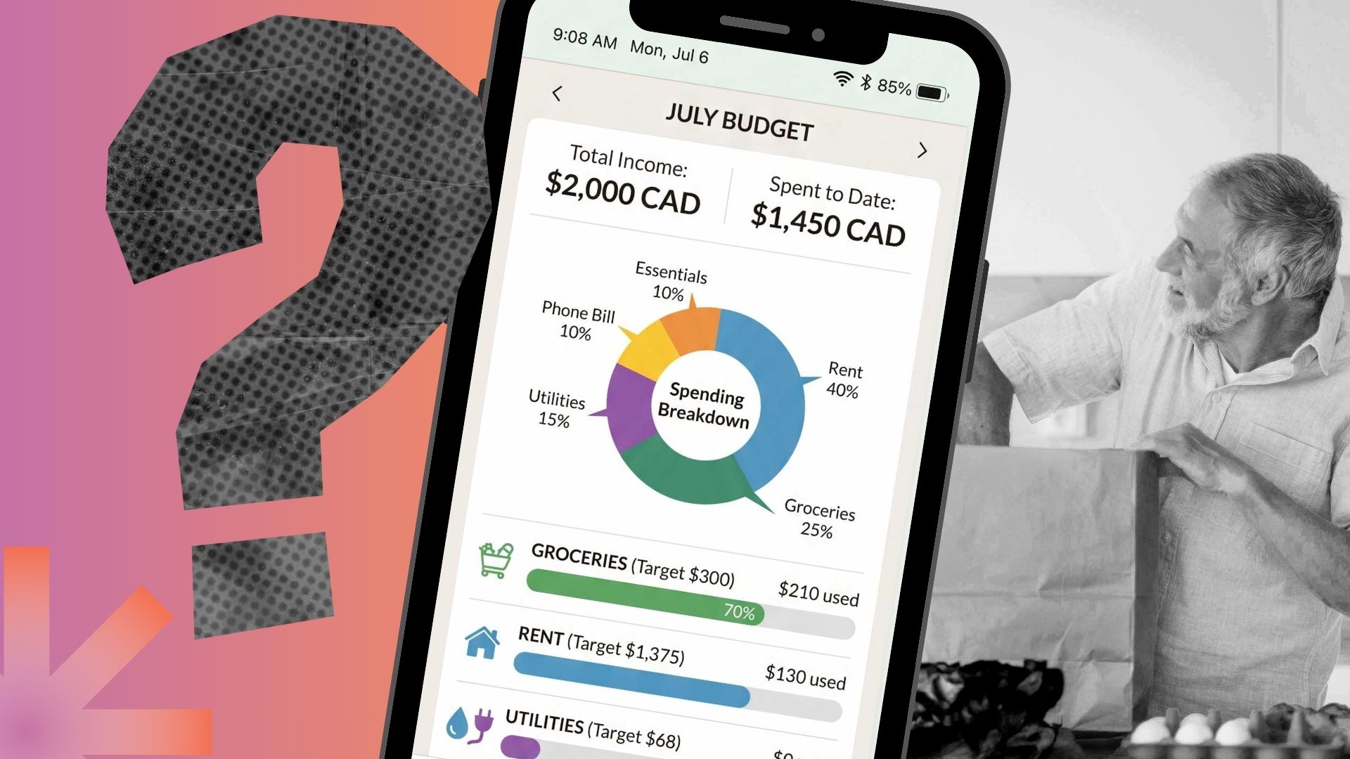 A Canadian pensioner in his kitchen, unpacking groceries, as his phone app looks at his low fixed-income pension budget.