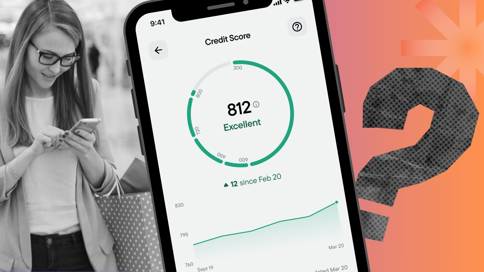 A Canadian woman shopping while also checking her credit score on her phone, which shows an excellent improved credit score of 812.
