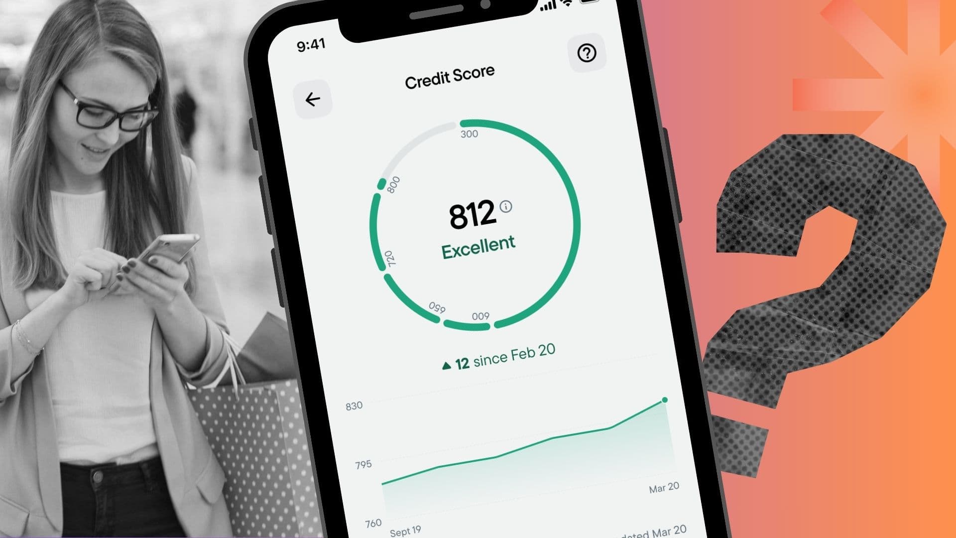 A Canadian woman shopping while also checking her credit score on her phone, which shows an excellent improved credit score of 812.