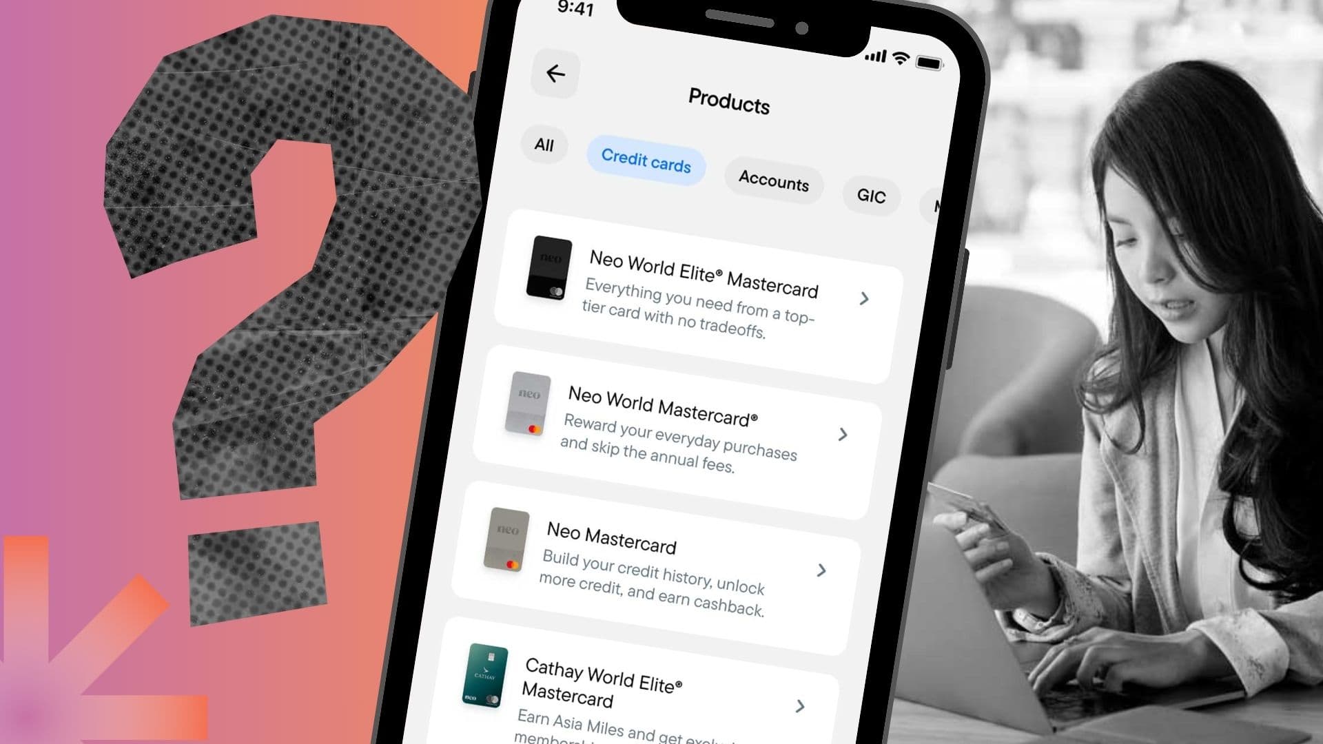 A Canadian woman looking online to apply for the best credit card, credit loan and line of credit for her.