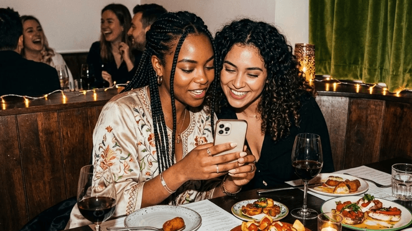 Two people having dinner in a restaurant, looking at their joint chequing account on a smartphone