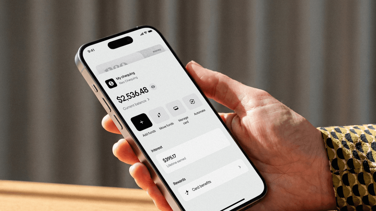 A user accesses their Neo Financial Chequing account, one of the best no-fee Canadian bank accounts