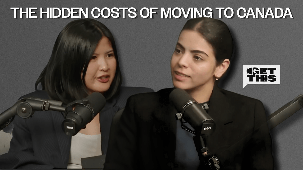 A host and guest on Neo Financial's Get This podcast, talking about money mistakes and the cost of living in Canada for newcomers