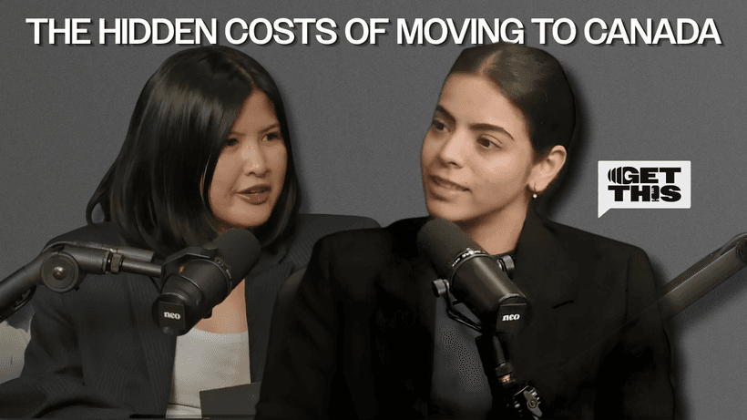 A host and guest on Neo Financial's Get This podcast, talking about money mistakes and the cost of living in Canada for newcomers