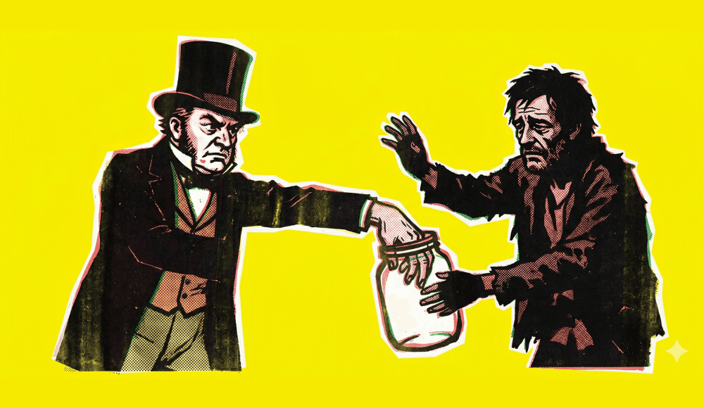 A fancy banker trying to take money from an empty jar belonging to an homeless man