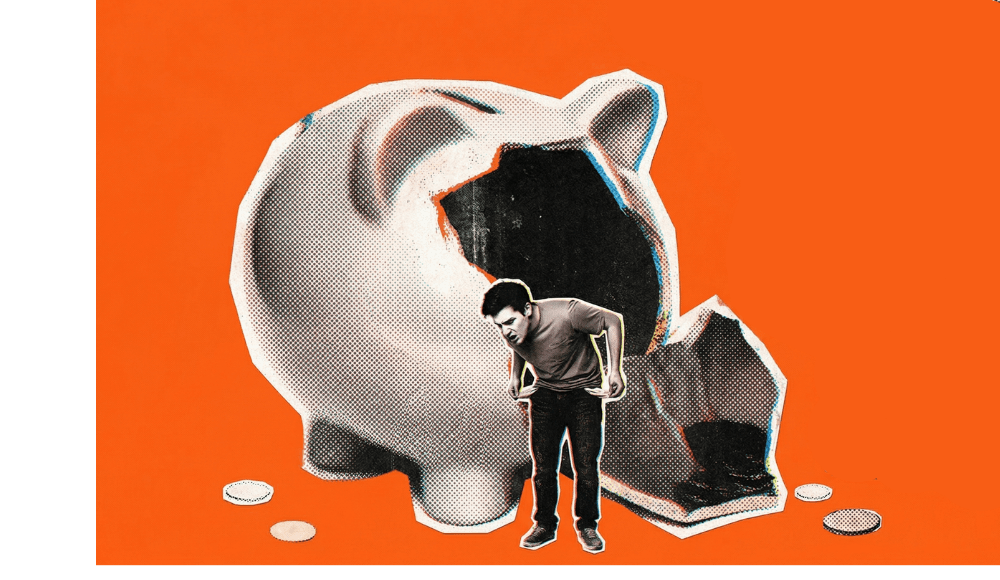 Guy wondering where his money has gone in front of a giant empty piggy bank