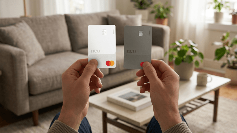 A person sits in their living room, comparing a Neo prepaid card and a Neo secured credit card.